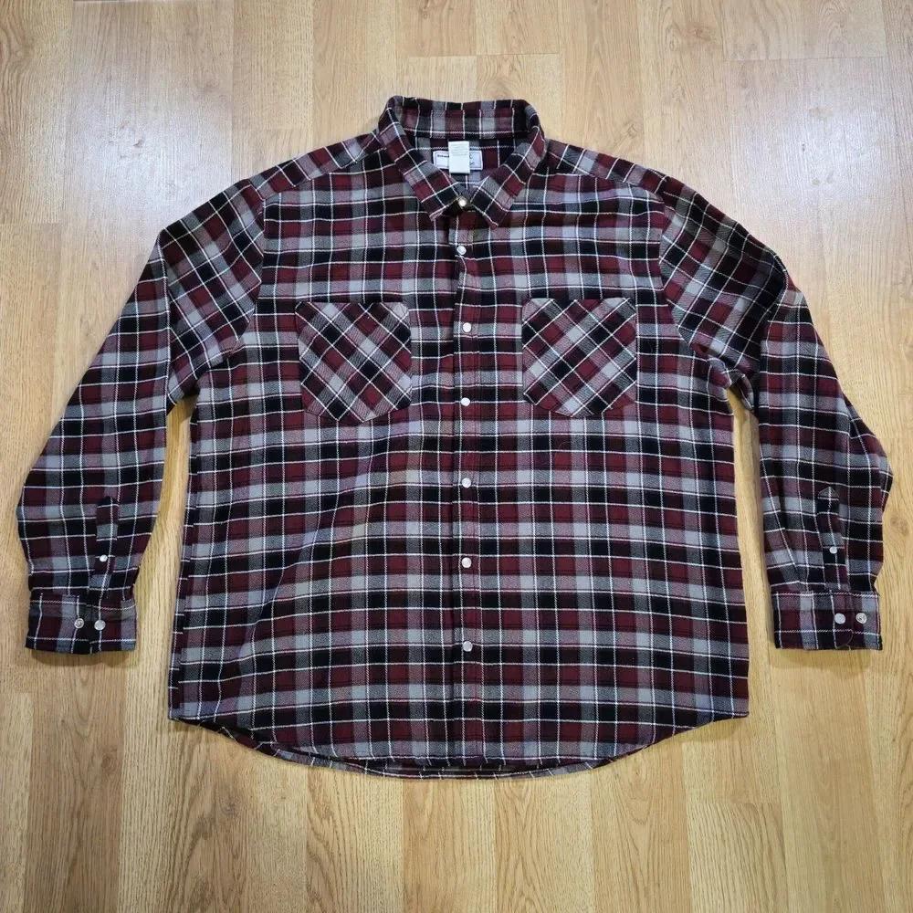 Vintage Haband Casual Joe Flannel Shirt Mens XL Burgundy Black Plaid Pearl Snap